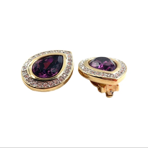 VTG Swarovski Amethyst Tear Drop Clip Earrings - Picture 5 of 10